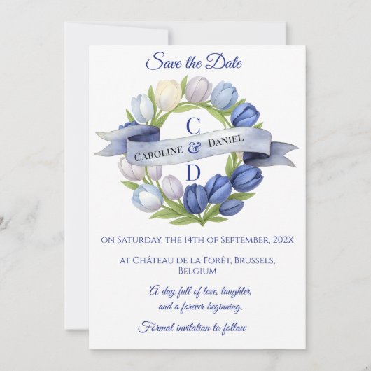 Elegante Waterverf Tulp krans bruiloft blauw ivoor Save The Date (Voorkant)