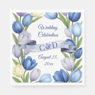 Elegante waterverf tulp krans bruiloft blauw ivoor servet