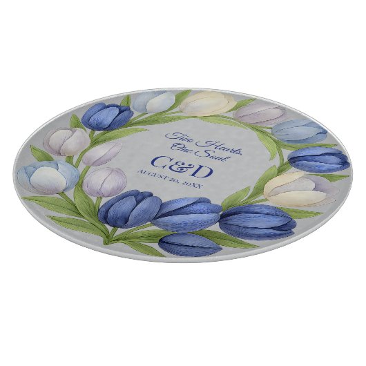 Elegante Waterverf Tulp krans bruiloft blauw ivoor Snijplank (Hoek)