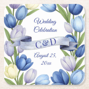 Elegante Waterverf Tulp krans bruiloft blauw ivoor Vierkante Kartonnen Onderzetter