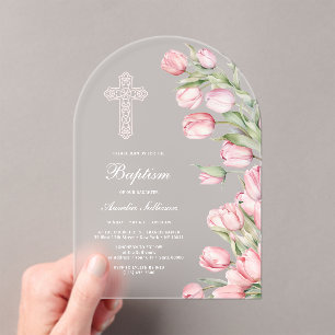 Elegante Waterverf Tulpen Boog Doopfeest Acryl Uitnodigingen