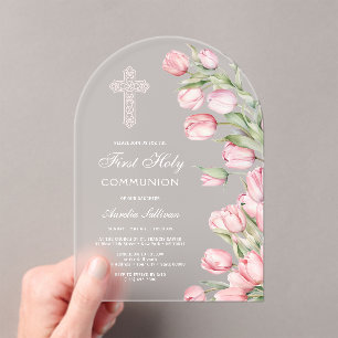 Elegante waterverf tulpenboog eerste communie acryl uitnodigingen