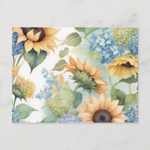 Elegante Waterverf van zonnebloemen en hortensia's Briefkaart