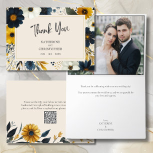 Elegante Waterverf Wildbloemen Beige bruiloft foto Bedankkaart