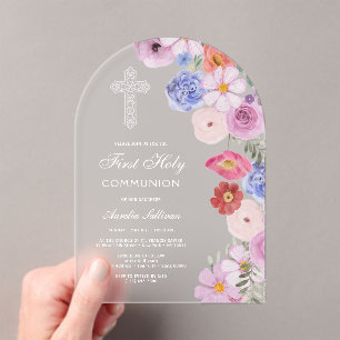 Elegante Waterverf Wilde Bloemen Eerste Communie Acryl Uitnodigingen