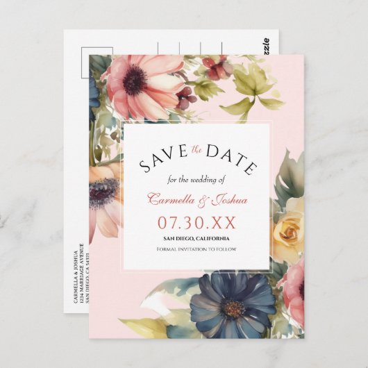 Elegante Waterverf Wildflower Boho Bewaar de datum Briefkaart (Voorkant / Achterkant)