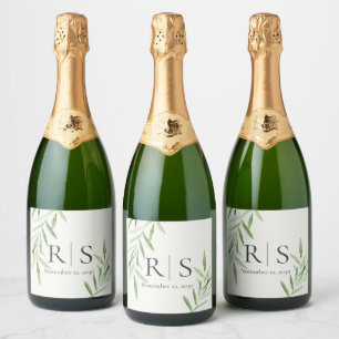 Elegante Waterverf Wilgen Botanisch Monogram Sparkling Wijnetiket