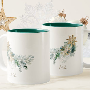 Elegante Waterverf Winter Green Foliage Christmas Tweekleurige Koffiemok