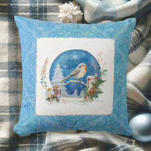 Elegante Waterverf Wintersneeuw Vogel Blauwe Kerst Kussen