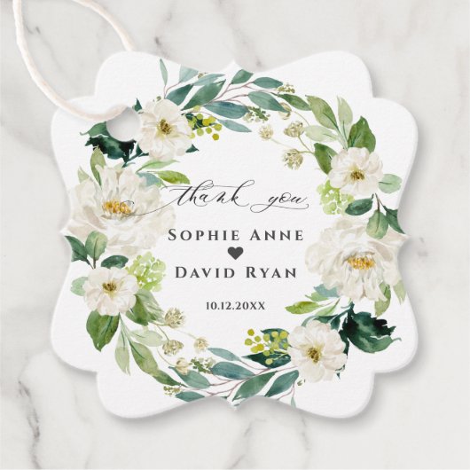 Elegante Waterverf Witte Bloemen Krans Bruiloft  Bedankjes Labels (Voorkant)
