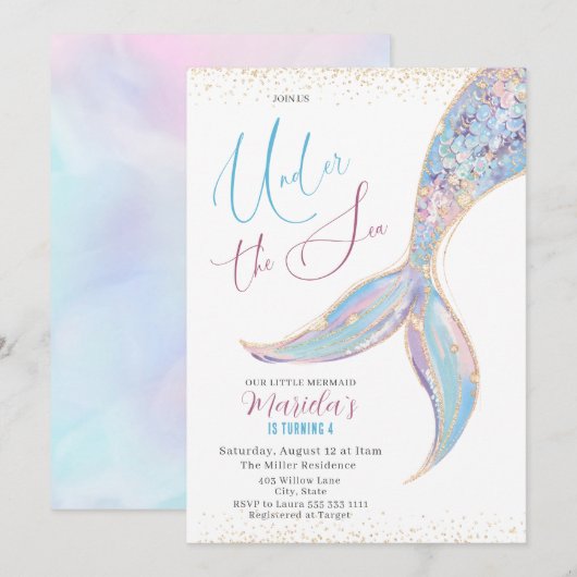 Elegante Waterverf Zeemeermin Staart Onder 4 Geboo Kaart (Voorkant / Achterkant)