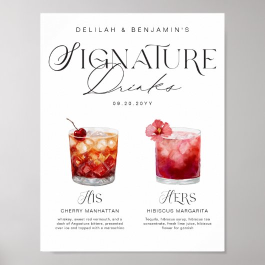 Elegante Waterverf Zijn Haar Signature Drink Bruil Poster (Voorkant)