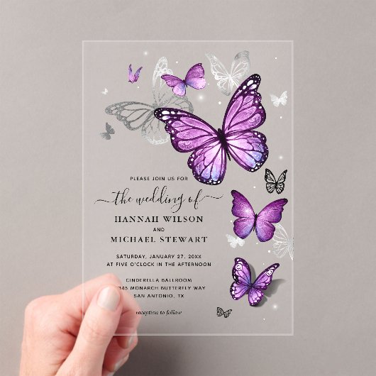 Elegante Waterverf zilveren Paarse vlinder bruilof Acryl Uitnodigingen (Insitu (Draagbaar))