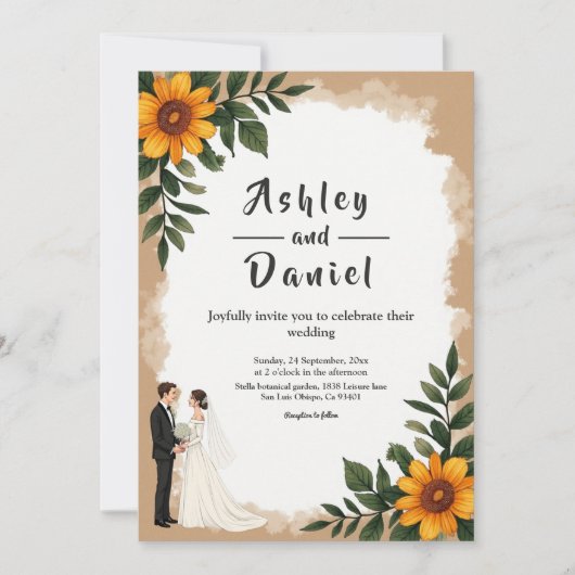 Elegante Waterverf Zonnebloem Zomer Bloemen Huweli Kaart (Voorkant)