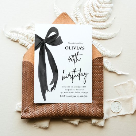 Elegante Waterverf Zwart Strik 40e Verjaardagsfees Kaart