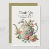 Elegante waterverfteepot bloem theevisite bedankkaart (Voorkant / Achterkant)