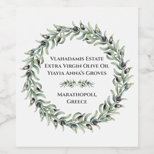 Elegante weelderige waterverf olijftakken krans wijn etiket (Enkel label)
