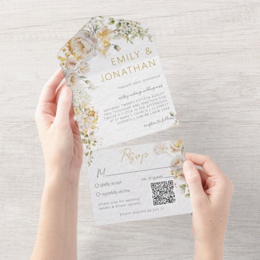 Elegante weide bloemenbruiloft QR-code All In One Uitnodiging (Afscheurbaar)