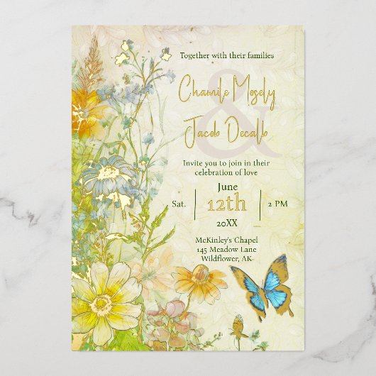Elegante Weide Boho Wildbloem Bruiloft Folie Uitnodiging (Voorkant)
