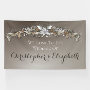 Elegante Welkom Bloemen Zilveren Winter Wedding Spandoek