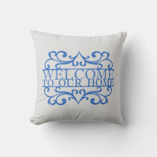 Elegante Welkom In Ons Thuis Citaat Blauw Grijs Kussen