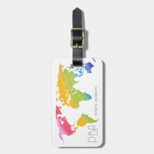 Elegante Wereldkaart Regenboog Pastel Monogrammed Bagagelabel
