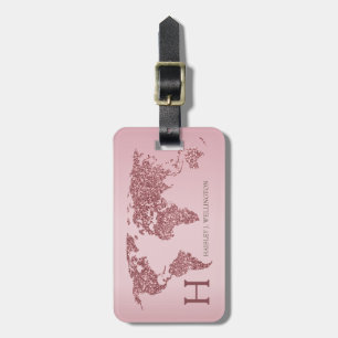 Elegante Wereldkaart Roos Gouden Glitter Monogram Bagagelabel