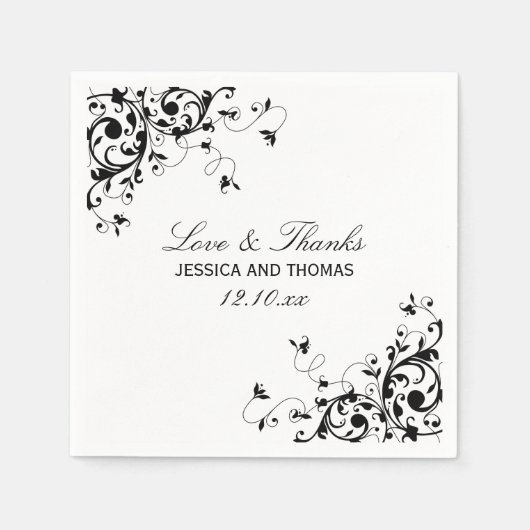 Elegante wervelingen zwart & wit bruiloft servette servetten (Voorkant)