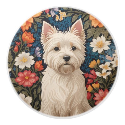 Elegante West Highland Terrier Kleurrijke Bloemen Keramische Knop (Voorkant)