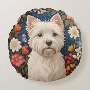 Elegante West Highland Terrier Kleurrijke Bloemen Rond Kussen