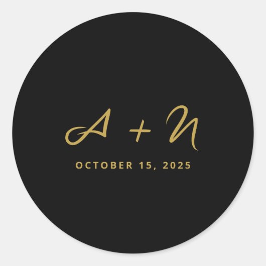 Elegante Whimsical Zwart en Goud Monogram Bruiloft Ronde Sticker (Voorkant)