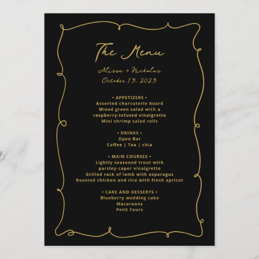 Elegante  Whimsical Zwart en Gouden Bruiloft Menu (Voorkant)