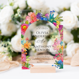 Elegante Whimsy Bold Bloemen Waterverf bruiloft Acryl Uitnodigingen