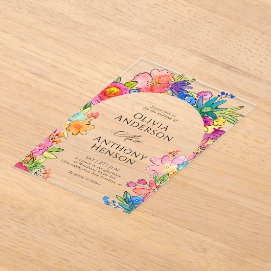 Elegante Whimsy Bold Bloemen Waterverf bruiloft Acryl Uitnodigingen (Laagn)