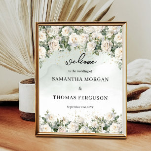 Elegante White Roses Greenery gouden bruiloft welk Poster