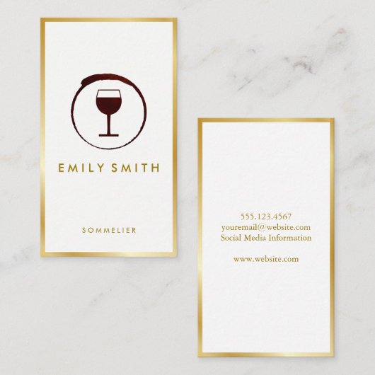 Elegante wijnvlek wijnglas met namaak gouden rand visitekaartje (Voorkant / Achterkant)