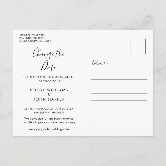 Elegante Wijzig de Datum Uitgestelde Foto Bloem Aankondigingskaart (Achterkant)