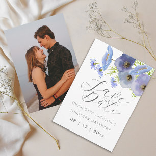 Elegante Wilde Bloem Blauwe Bloemige Foto Bruiloft Save The Date