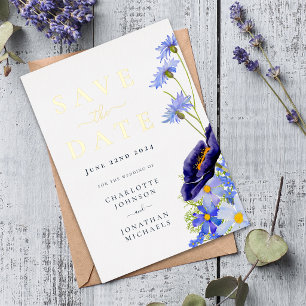 Elegante Wilde Bloem Blauwe Trouw Save The Date Go Folie Uitnodiging Briefkaart