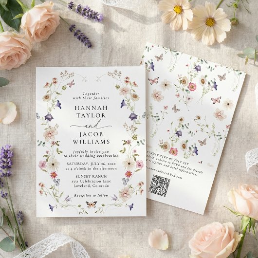 Elegante Wilde Bloem Bloemrijke QR Code Bruiloft Kaart
