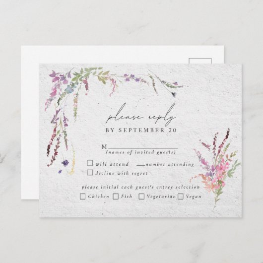 Elegante Wilde Bloem Moderne Trouwmaaltijden RSVP Uitnodiging Briefkaart (Voorkant / Achterkant)