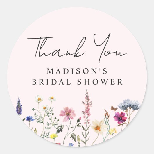 Elegante Wilde Bloem Roze Bruidsjurk Shower Bedank Ronde Sticker (Voorkant)