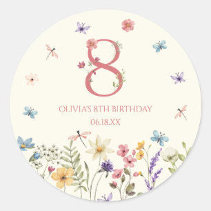 Elegante Wilde Bloem Vlinder 8e Verjaardagsfeestje Ronde Sticker
