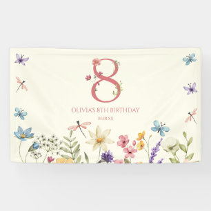 Elegante Wilde Bloem Vlinder 8e Verjaardagsfeestje Spandoek