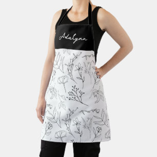 Elegante Wilde Bloem Zwart Wit Aangepaste Naam Schort