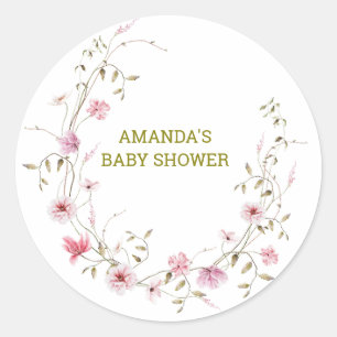 Elegante Wilde Bloemen Baby Shower Ronde Sticker