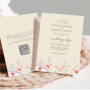 Elegante wilde bloementuin beige QR RSVP bruiloft Kaart