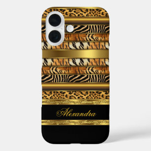 Elegante Wilde Gemengde Dieren Zwart en Goud iPhone 16 Hoesje