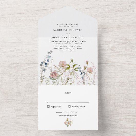 Elegante Wildflower alles in één bruiloft All In One Uitnodiging (Binnen)