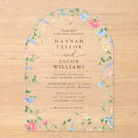 Elegante Wildflower Bloemenboog bruiloft Acryl Uitnodigingen (Voorkant)